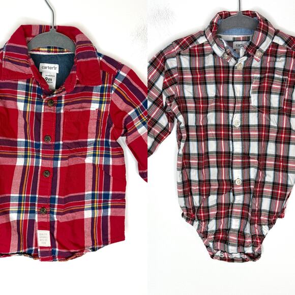 Carter's Baby Boy Plaid Button Down Shirt One Piece Set Red Blue Size 9 Months - Picture 1 of 13